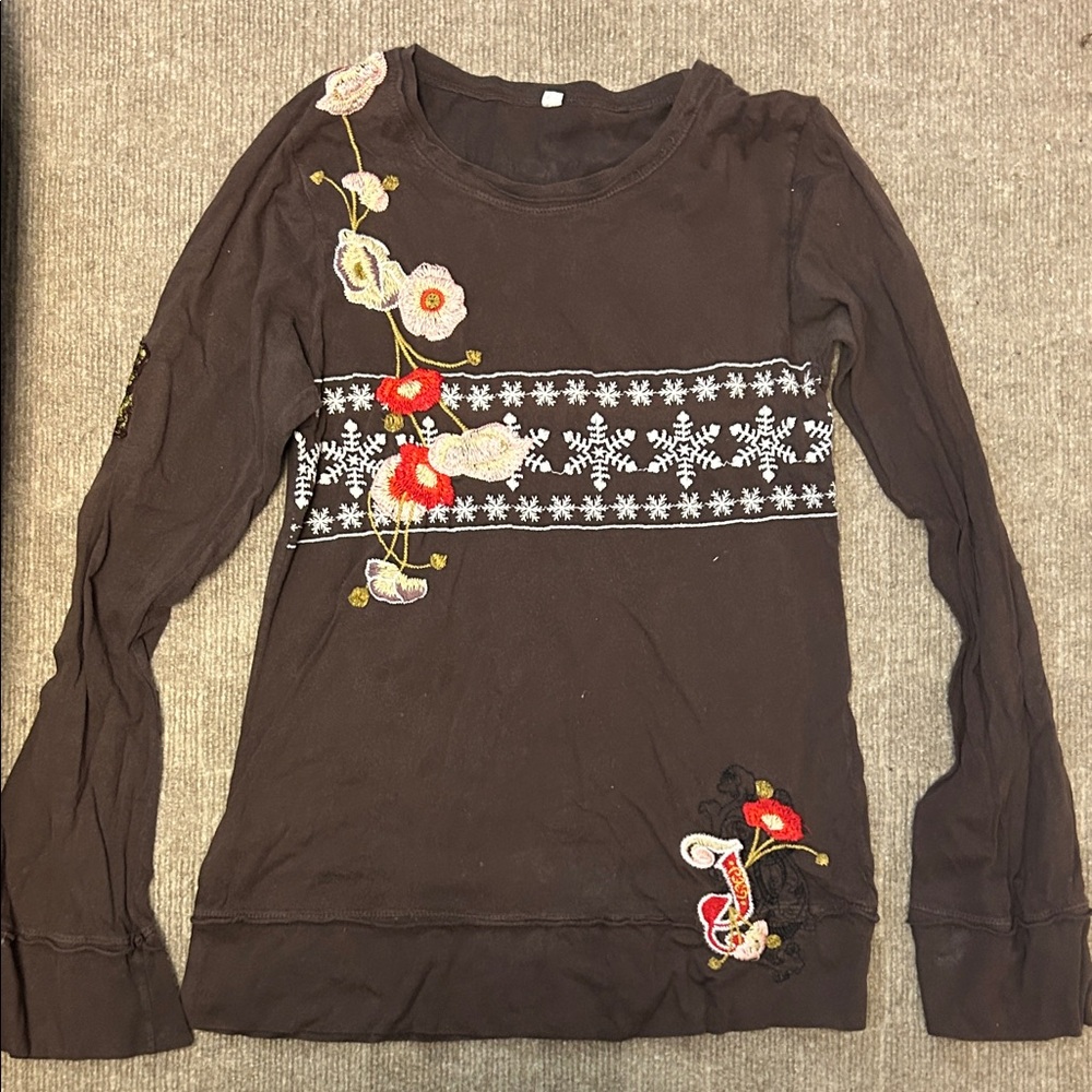 Johnny Was Brown Long Sleeve with Floral Embroidery